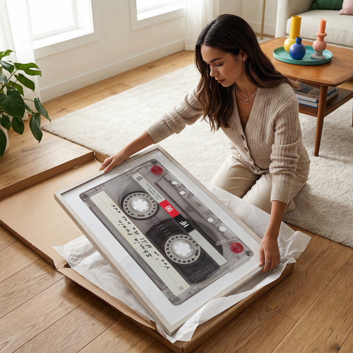 Woman unwrapping a framed personalised retro mixtape cassette print on the floor