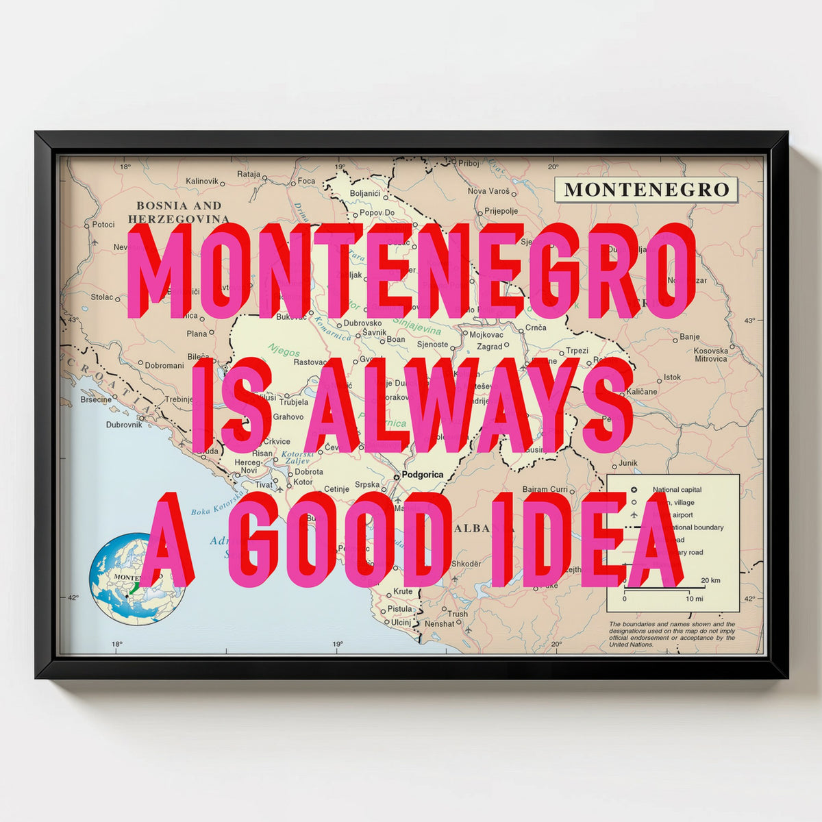 Montenegro Retro Pop Art Map Print (landscape) - black frame mockup - Magic Posters Bold