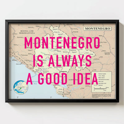 Montenegro Retro Pop Art Map Print (landscape) - black frame mockup - Magic Posters