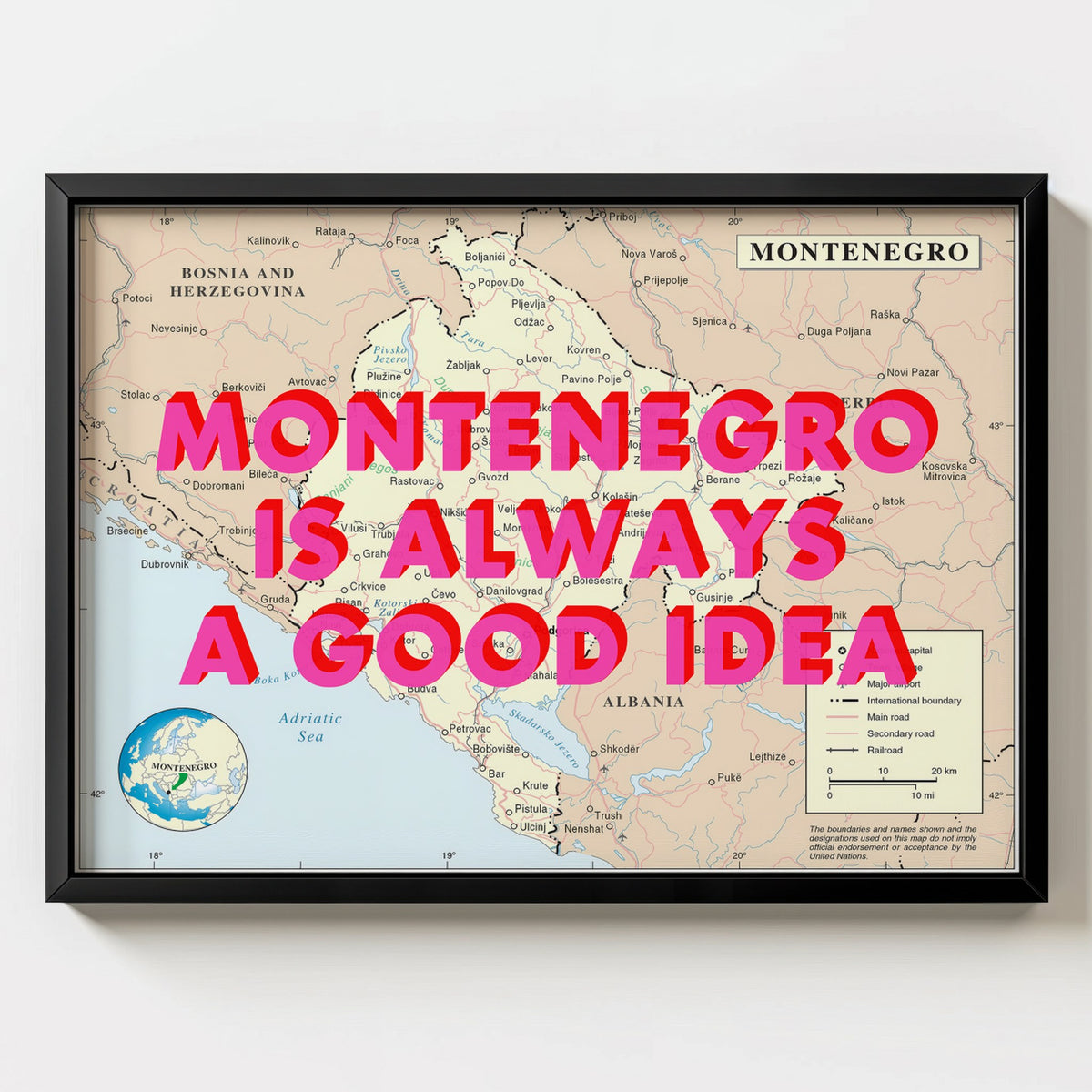 Montenegro Retro Pop Art Map Print (landscape) - black frame mockup - Magic Posters