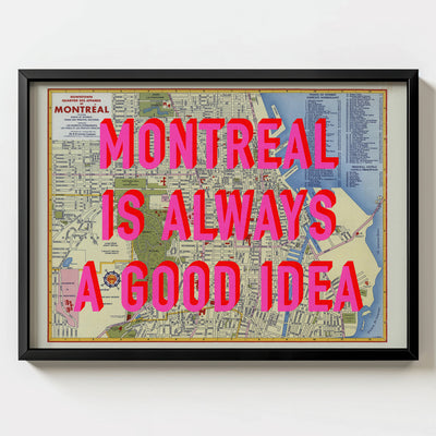 Montreal Retro Pop Art Map Print (landscape) - black frame mockup - Magic Posters Bold