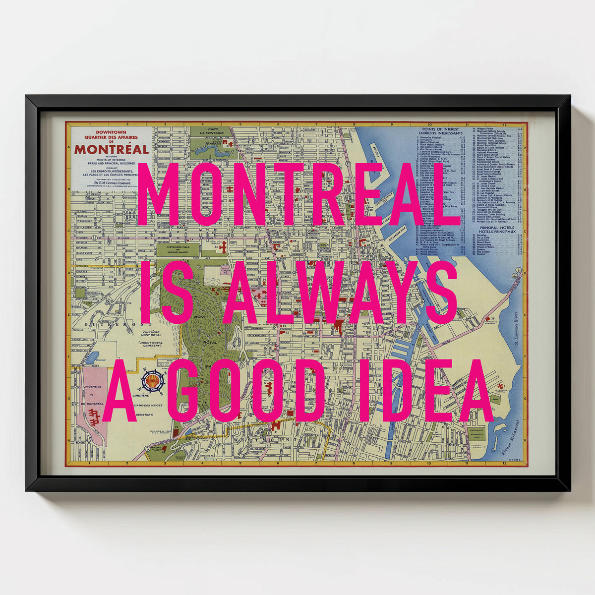 Montreal Retro Pop Art Map Print (landscape) - black frame mockup - Magic Posters