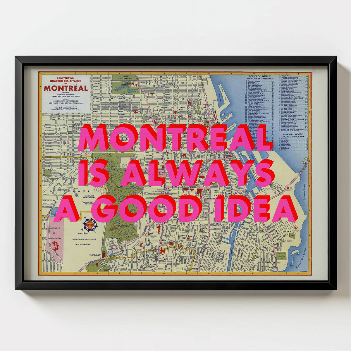 Montreal Retro Pop Art Map Print (landscape) - black frame mockup - Magic Posters