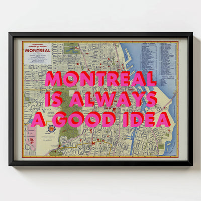 Montreal Retro Pop Art Map Print (landscape) - black frame mockup - Magic Posters