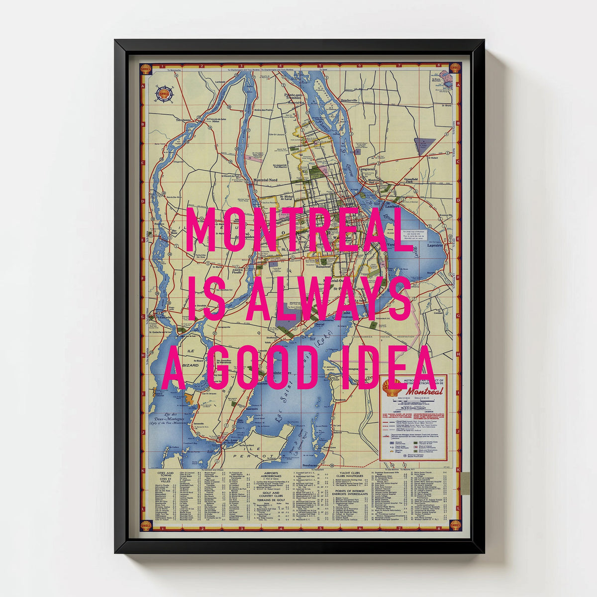 Montreal Retro Pop Art Map Print (portrait) - black frame mockup - Magic Posters