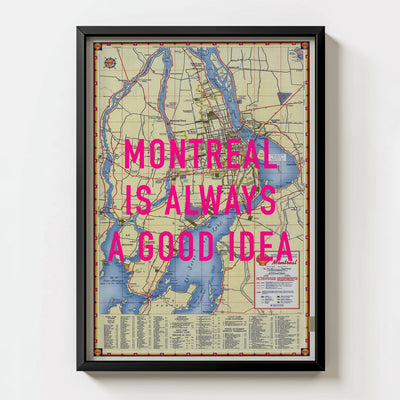 Montreal Retro Pop Art Map Print (portrait) - black frame mockup - Magic Posters
