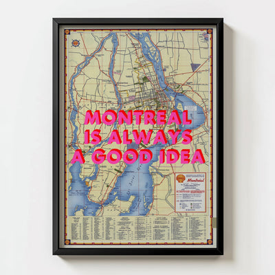 Montreal Retro Pop Art Map Print (portrait) - black frame mockup - Magic Posters