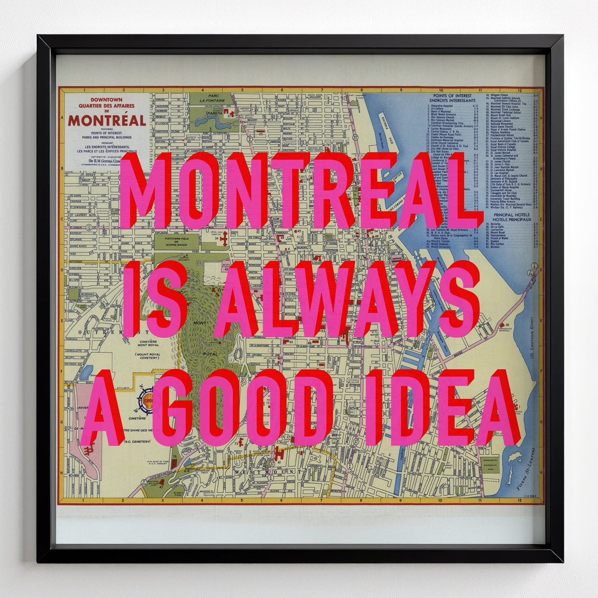 Montreal Retro Pop Art Map Print (Square) - black frame mockup - Magic Posters