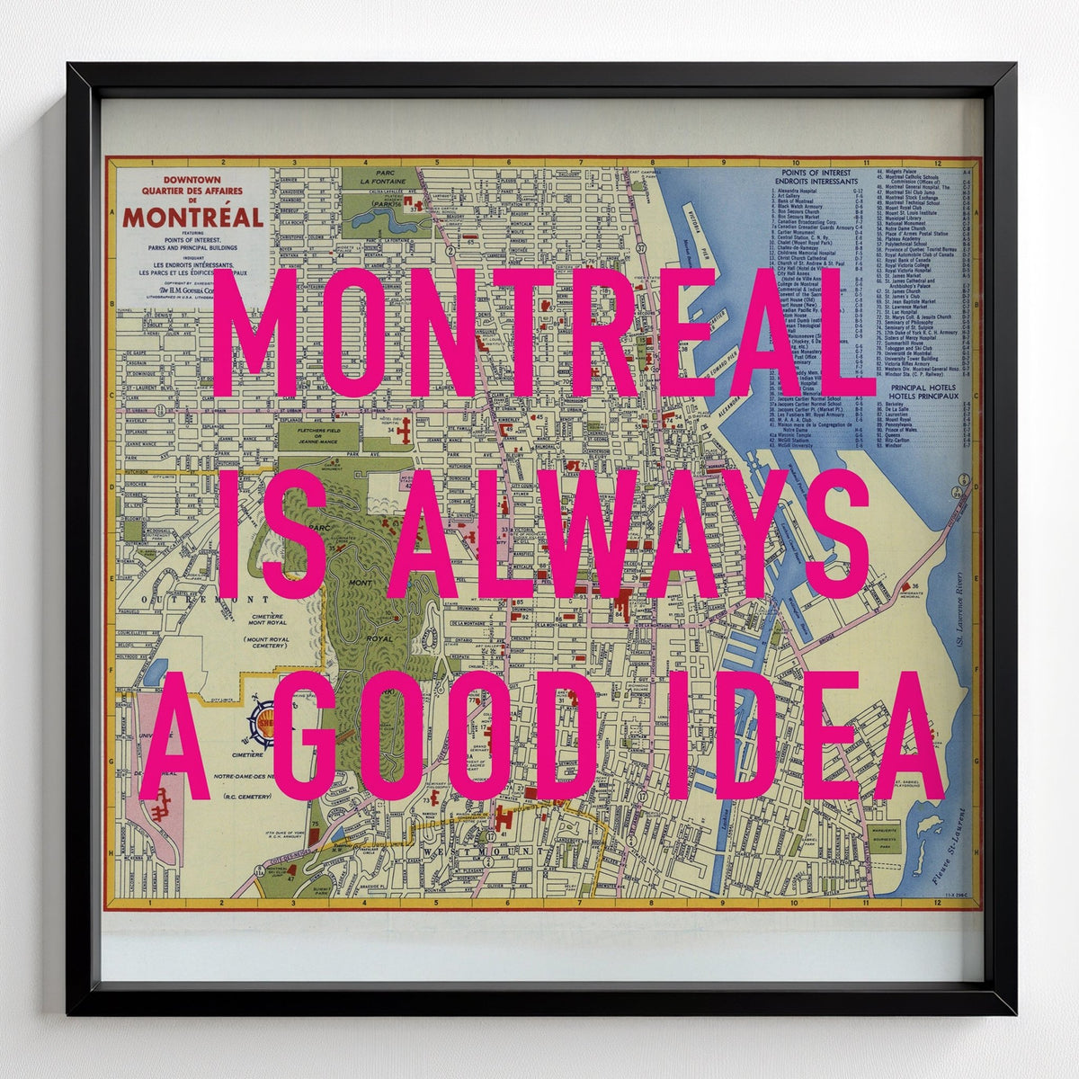 Montreal Retro Pop Art Map Print (Square) - black frame mockup - Magic Posters