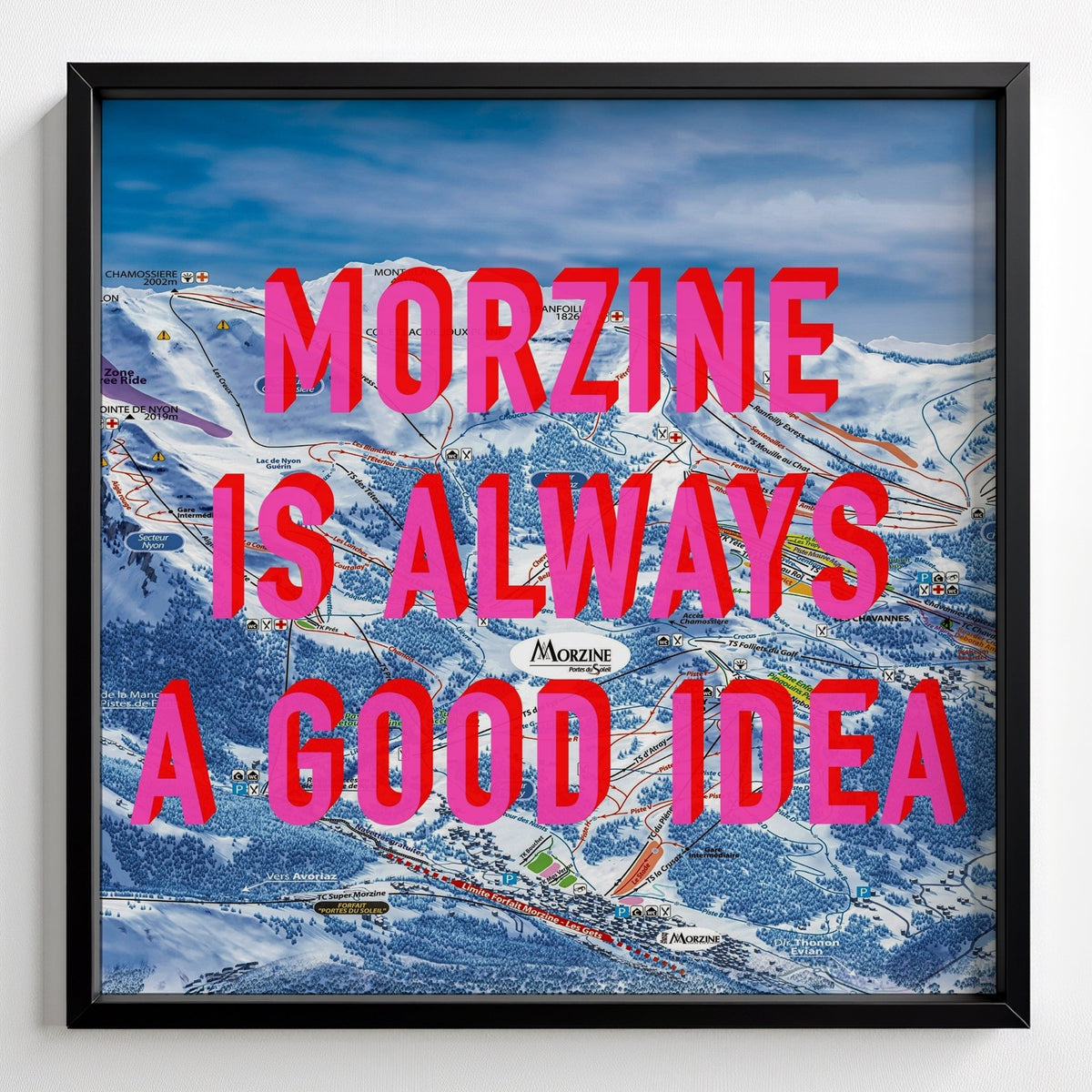 Morzine Retro Pop Art Ski Map Print (Square) - black frame mockup - Magic Posters