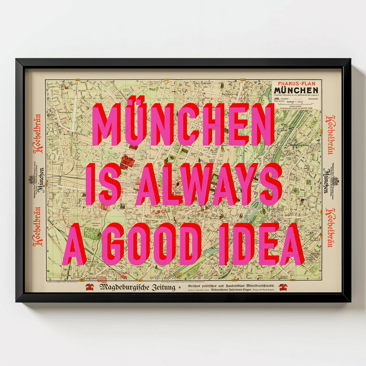 München Retro Pop Art Map Print (landscape) - black frame mockup - Magic Posters Bold