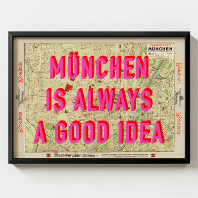 München Retro Pop Art Map Print (landscape) - black frame mockup - Magic Posters Bold