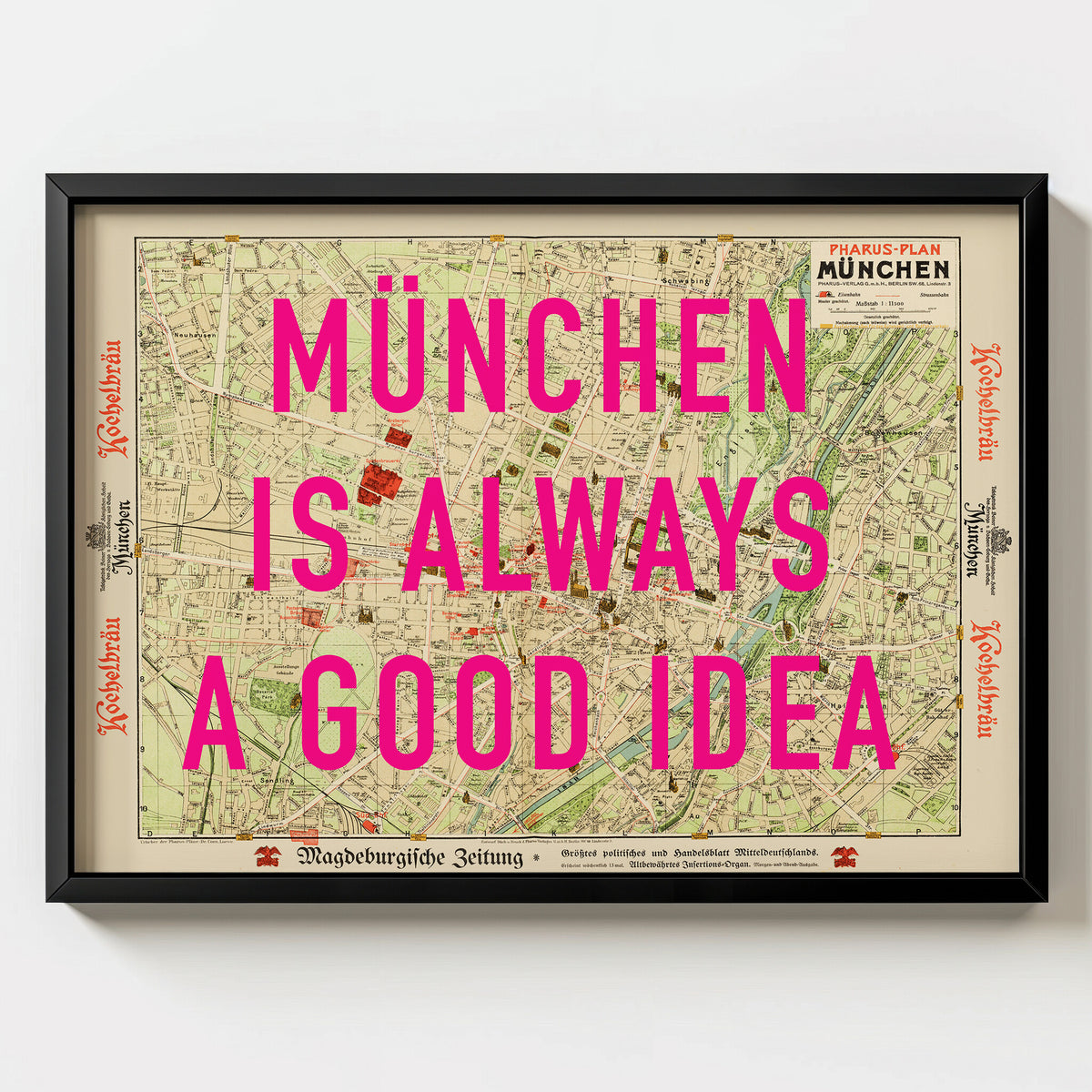 München Retro Pop Art Map Print (landscape) - black frame mockup - Magic Posters