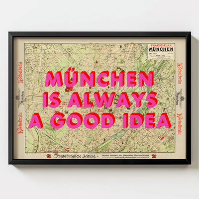München Retro Pop Art Map Print (landscape) - black frame mockup - Magic Posters