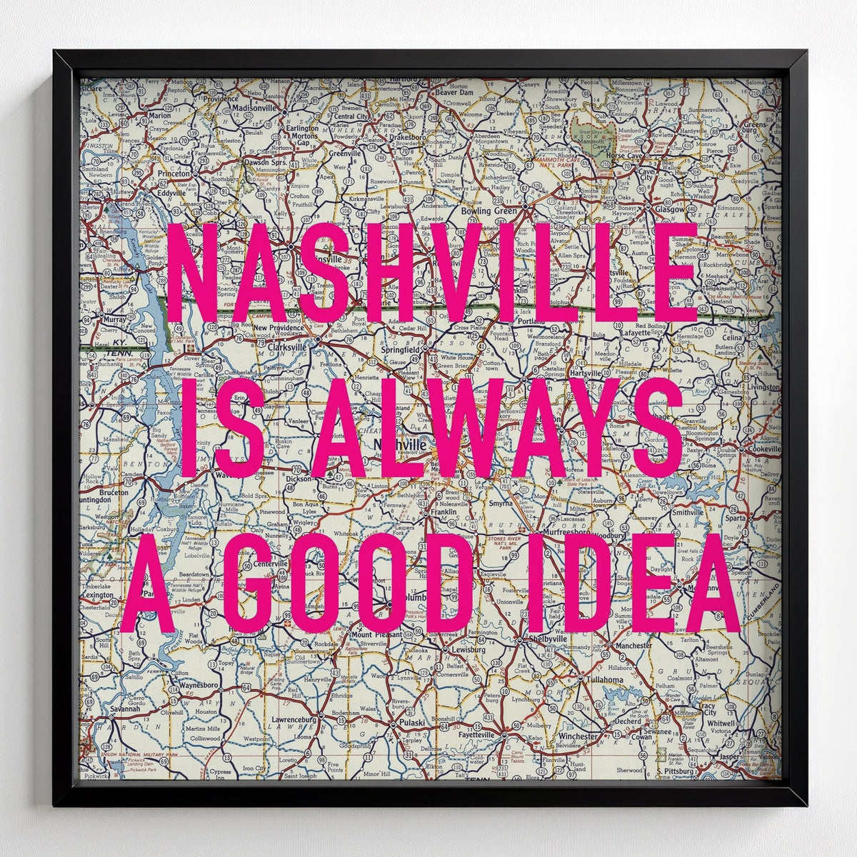 Nashville Retro Pop Art Map Print - black frame mockup - Magic Posters