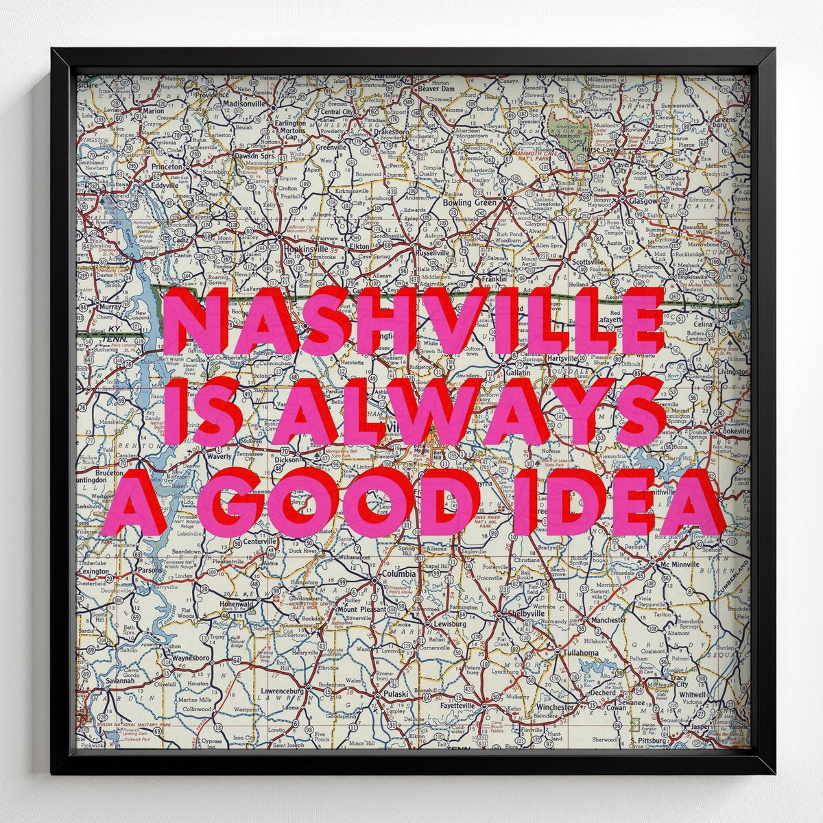 Nashville Retro Pop Art Map Print - black frame mockup - Magic Posters