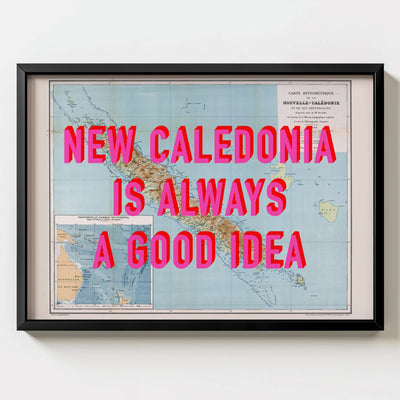 New Caledonia Retro Pop Art Map Print (landscape) - black frame mockup - Magic Posters Bold