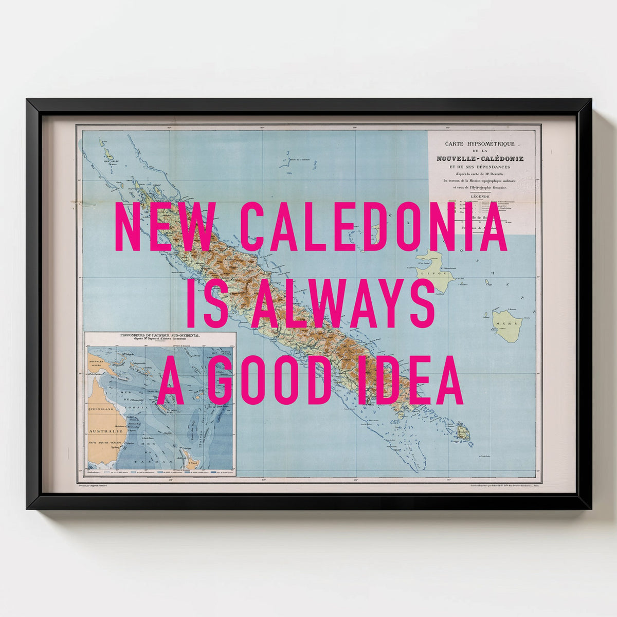 New Caledonia Retro Pop Art Map Print (landscape) - black frame mockup - Magic Posters