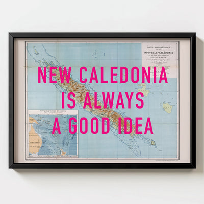 New Caledonia Retro Pop Art Map Print (landscape) - black frame mockup - Magic Posters