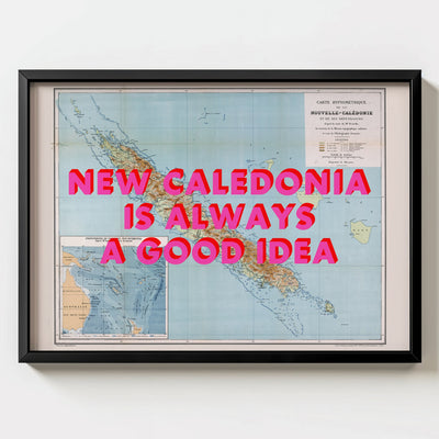 New Caledonia Retro Pop Art Map Print (landscape) - black frame mockup - Magic Posters