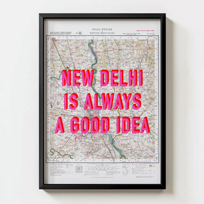 New Delhi Retro Pop Art Map Print (portrait) - black frame mockup - Magic Posters Bold