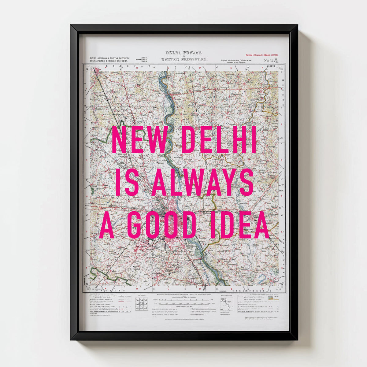 New Delhi Retro Pop Art Map Print (portrait) - black frame mockup - Magic Posters