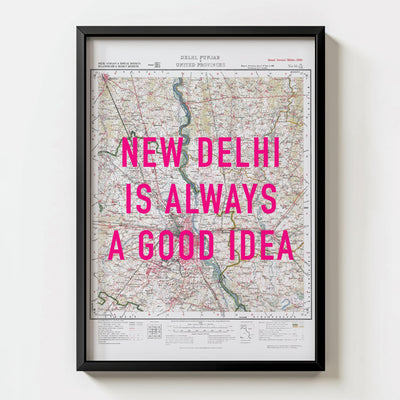 New Delhi Retro Pop Art Map Print (portrait) - black frame mockup - Magic Posters