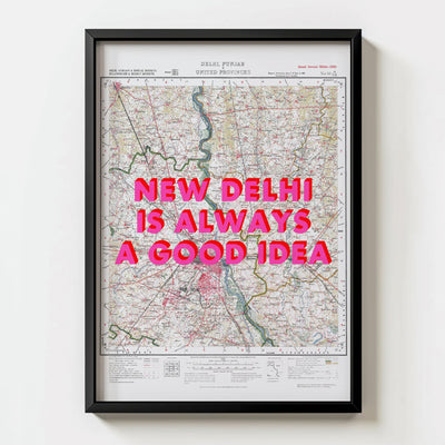 New Delhi Retro Pop Art Map Print (portrait) - black frame mockup - Magic Posters