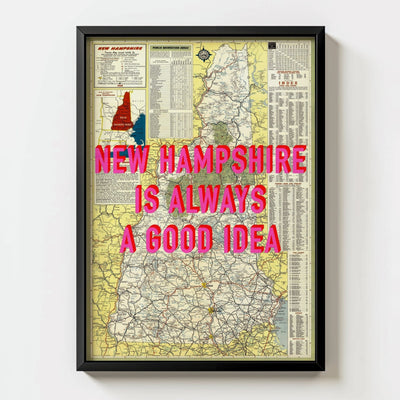New Hampshire Retro Pop Art Map Print (portrait) - black frame mockup - Magic Posters
