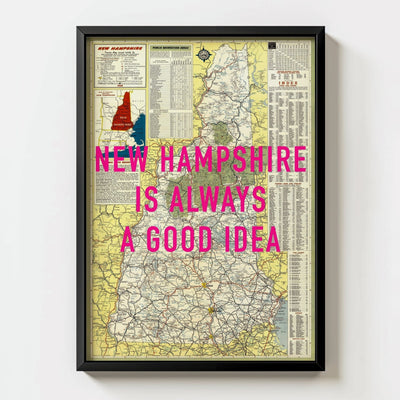 New Hampshire Retro Pop Art Map Print (portrait) - black frame mockup - Magic Posters