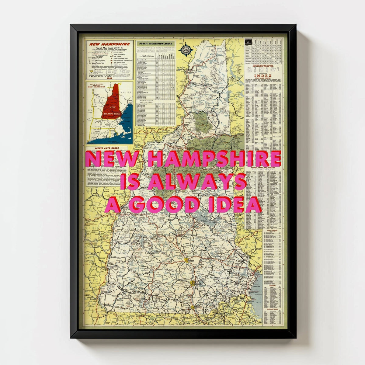 New Hampshire Retro Pop Art Map Print (portrait) - black frame mockup - Magic Posters
