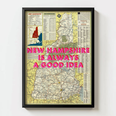 New Hampshire Retro Pop Art Map Print (portrait) - black frame mockup - Magic Posters