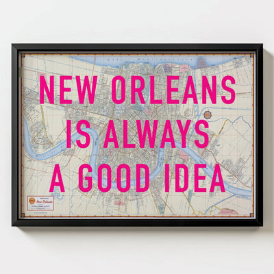 New Orleans Retro Pop Art Map Print (landscape) - black frame mockup - Magic Posters