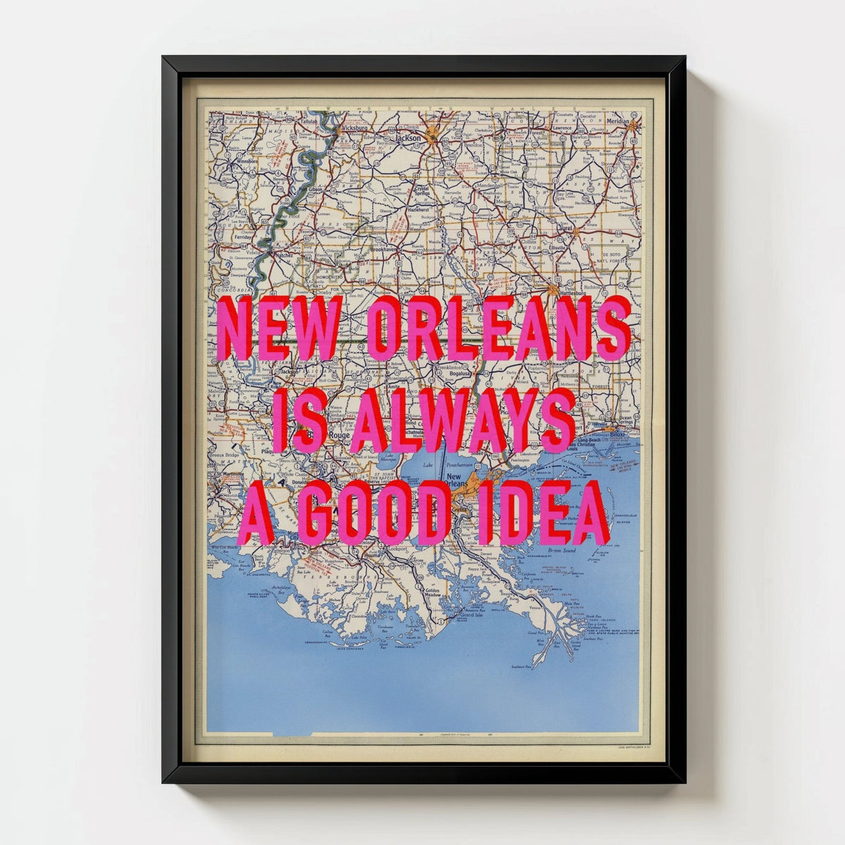New Orleans Retro Pop Art Map Print (portrait) - black frame mockup - Magic Posters