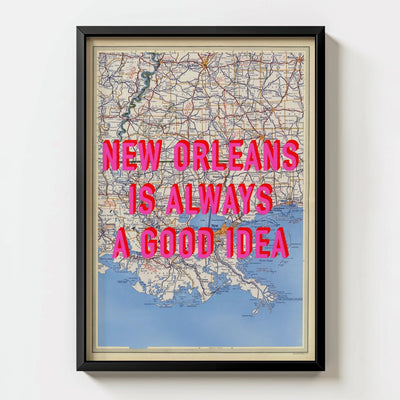 New Orleans Retro Pop Art Map Print (portrait) - black frame mockup - Magic Posters
