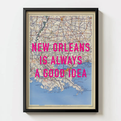 New Orleans Retro Pop Art Map Print (portrait) - black frame mockup - Magic Posters