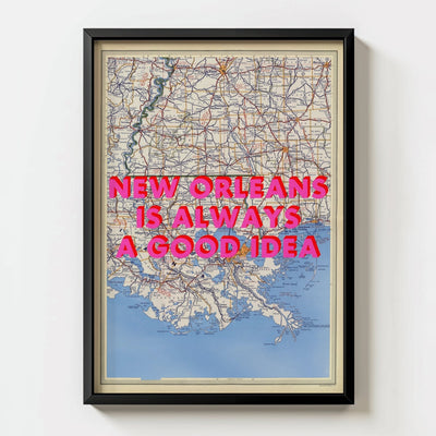 New Orleans Retro Pop Art Map Print (portrait) - black frame mockup - Magic Posters
