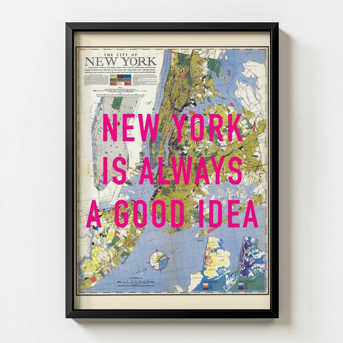 New York City Retro Pop Art Map Print - black frame mockup - Magic Posters
