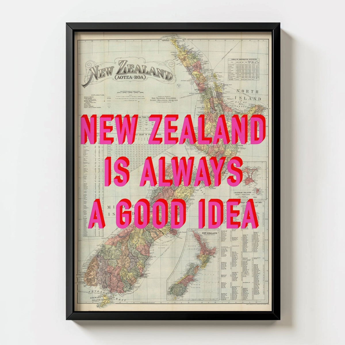 New Zealand Retro Pop Art Map Print - black frame mockup - Magic Posters