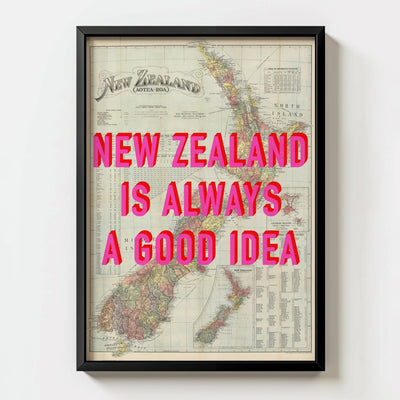 New Zealand Retro Pop Art Map Print - black frame mockup - Magic Posters