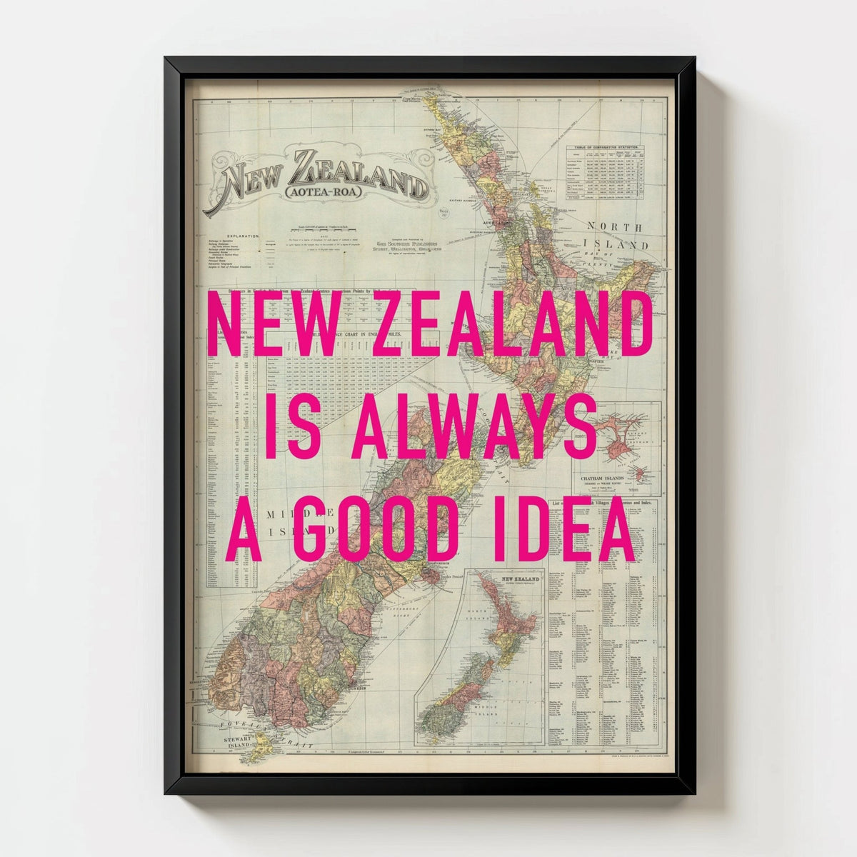 New Zealand Retro Pop Art Map Print - black frame mockup - Magic Posters