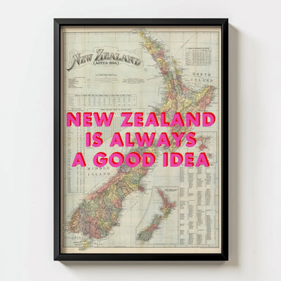 New Zealand Retro Pop Art Map Print - black frame mockup - Magic Posters