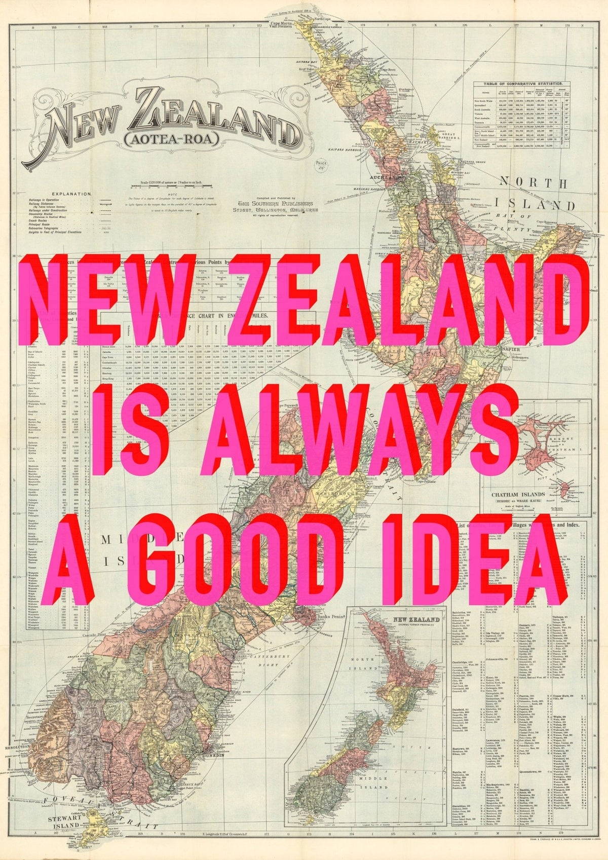 New Zealand Retro Pop Art Map Print