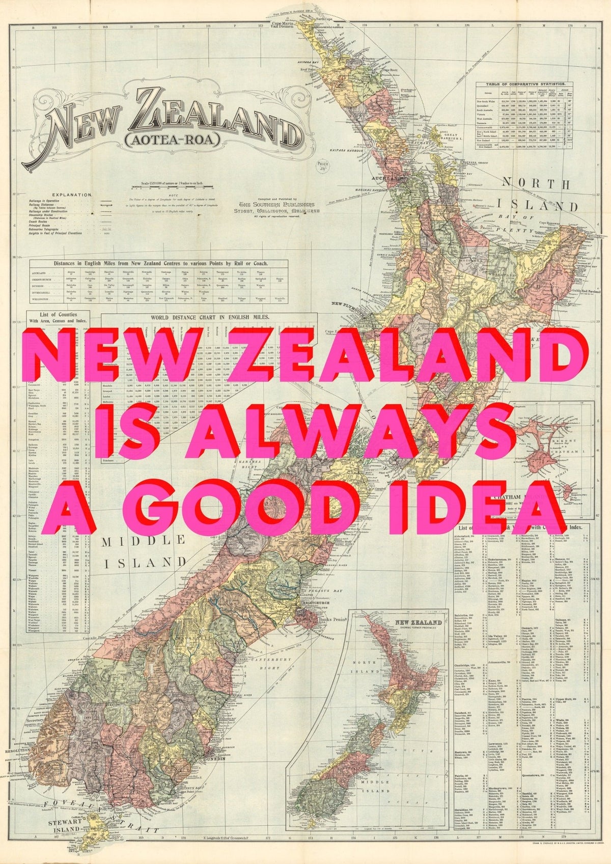 New Zealand Retro Pop Art Map Print