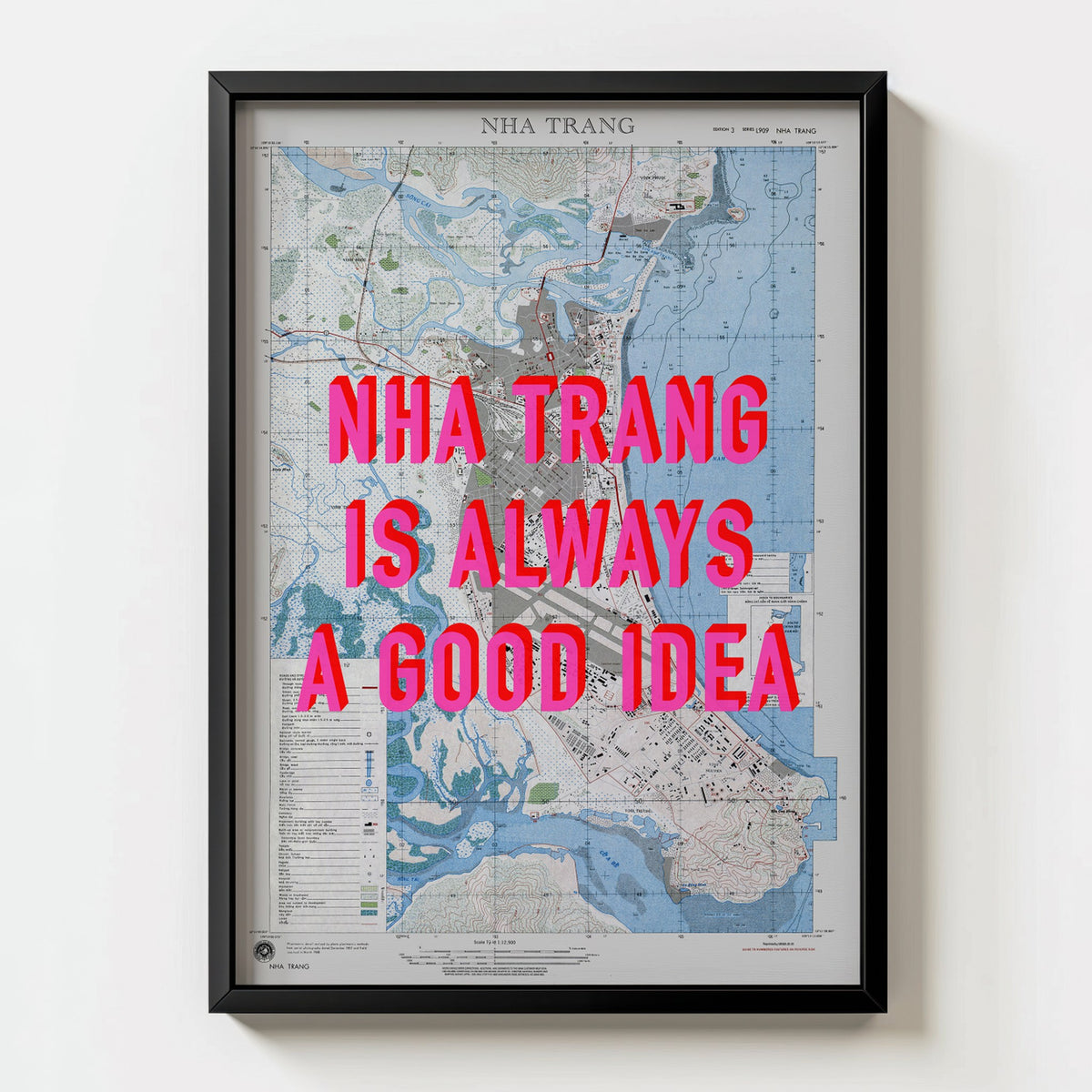 Nha Trang Retro Pop Art Map Print (portrait) - black frame mockup - Magic Posters Bold