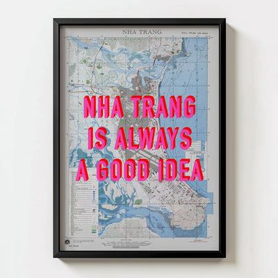 Nha Trang Retro Pop Art Map Print (portrait) - black frame mockup - Magic Posters Bold