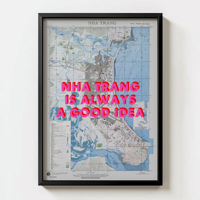 Nha Trang Retro Pop Art Map Print (portrait) - black frame mockup - Magic Posters