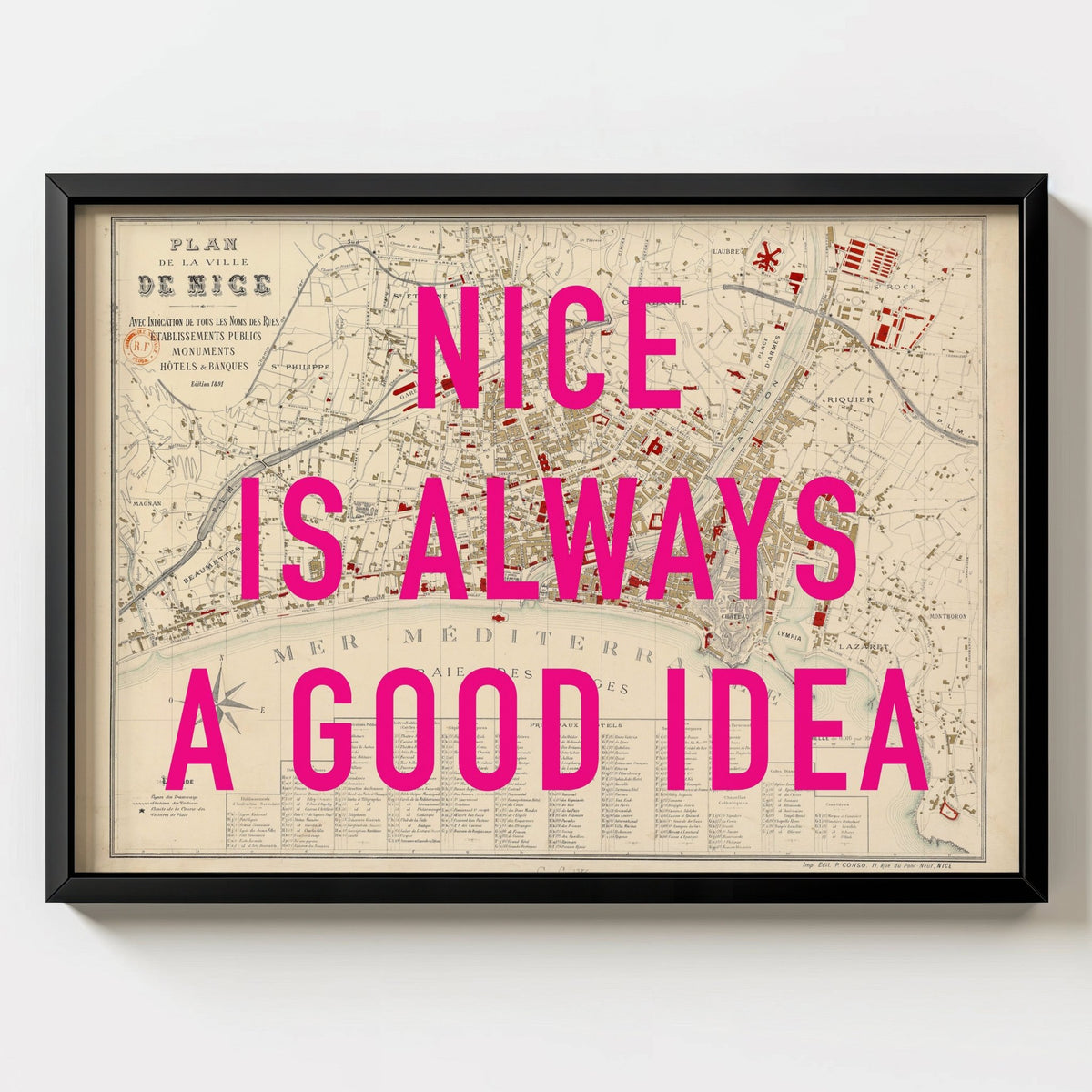 Nice - France Retro Pop Art Map Print - black frame mockup - Magic Posters