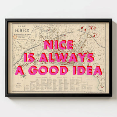 Nice - France Retro Pop Art Map Print - black frame mockup - Magic Posters