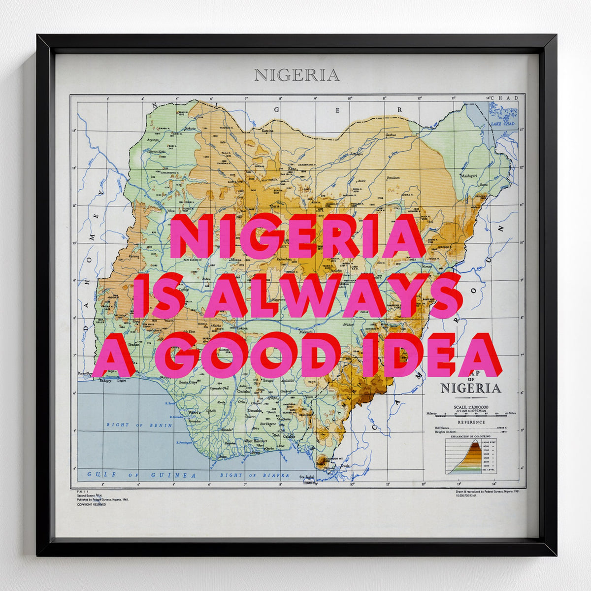 Nigeria Retro Pop Art Map Print (square) - black frame mockup - Magic Posters Bold